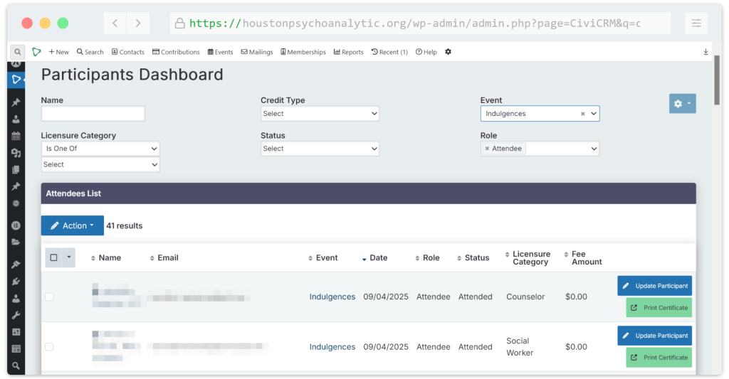 Participant dashboard reporting and print certificates